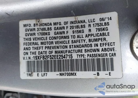 2014 Honda Civic Lx из США, поврежденный, VIN 19XFB2F52EE254715